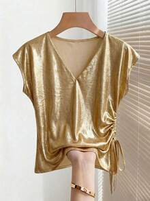 SHEIN LUNE Women's Gold Elegant V-Neck Short-Sleeved Blouse,Side-Waist Drawstring Shimmering Metallic Top,70s Retro Summer Party Evening Luxury Shirt - Champagne - View 9