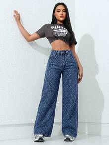 SHEIN ICON 女士口袋宽松阔腿休闲百搭牛仔裤 - 中等水洗藍 - 查看 5