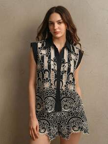 Anewsta Elegant Hollow Embroidery Sleeveless Top And Shorts Set, Low-Key Luxury Vintage Style - Black - View 6