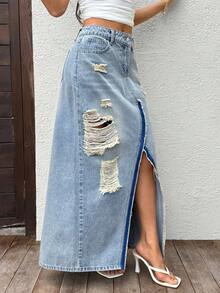 Sunnyshic Chân váy maxi denim xẻ tà phía trước, kiểu dáng thường ngày, chất liệu denim bạc màu, rách nhẹ dành cho nữ. - Rửa nhẹ - Xem 4