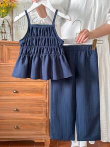 Vintaside Kids Bộ 2 món cho bé gái, gồm áo không tay in hoa và quần cùng màu, kiểu dáng ôm sát, phù hợp cho dã ngoại, thường ngày, thể thao và tiệc tùng. - Màu xanh hải quân - Xem 3