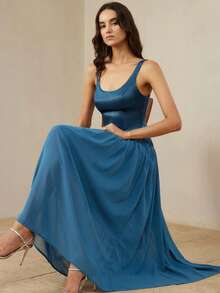 Aveloria Rosie Elegant Chiffon Dress With Satin Fabric Splicing, U-Neck Sleeveless Design, Minimalist High-End Luxury Style For Women - Teal Blue - View 4