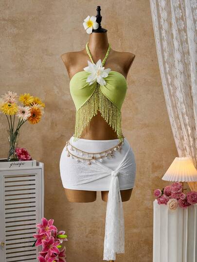 Femesol Women's Sexy & Elegant Lace Pearl Chain Decor Mini Skirt