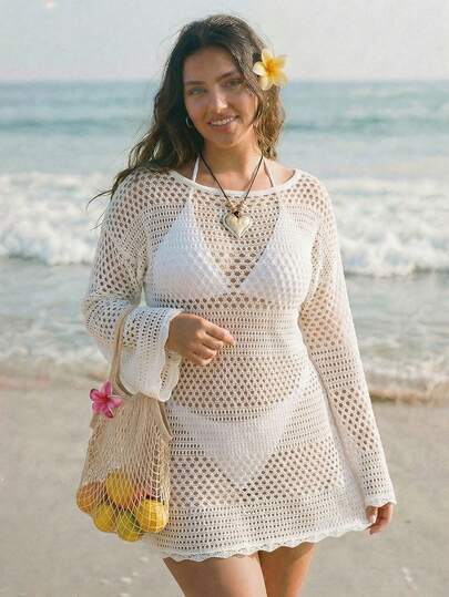 SHEIN ICON Vestido de cubrir de punto transparente de talla grande estilo Y2K para playa y resort, vestido de cubrir transparente a rayas