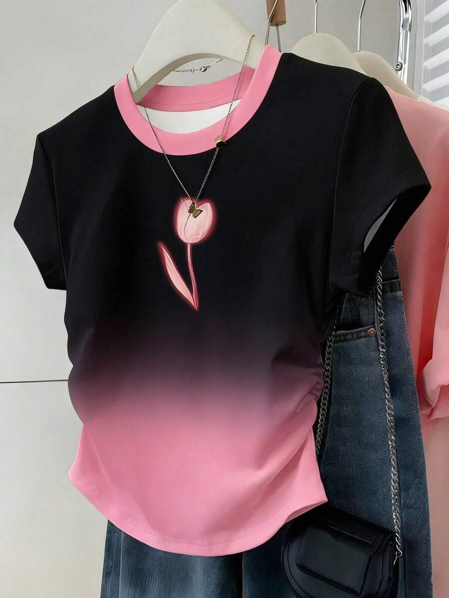 Resyla Mẫu mới bán chạy, áo thun ngắn tay nữ họa tiết hoa tulip màu đen và hồng chuyển sắc nhẹ nhàng, hoàn hảo để đi học và đi mua sắm cùng bạn bè, ngọt ngào và đa năng cho mùa xuân và mùa hè. - Nhiều màu - Xem 1