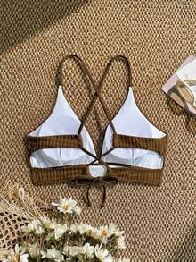 Swim SXY 女士夏季沙滩纯色系带性感比基尼上衣 - 咖啡棕 - 查看 3