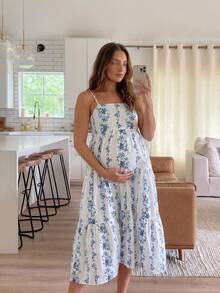 SHEIN 孕妇夏季度假碎花无袖连衣裙 - 藍白色 - 查看 1