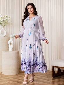 Modelyn Plus Size Elegant Party Floral & Butterfly Print Pleated Dress - Multicolor - View 8