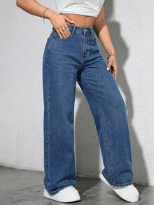 Rivivi Plus Size Casual Versatile Solid Color Slant Pocket Wide Leg Jeans - Medium Wash - View 3