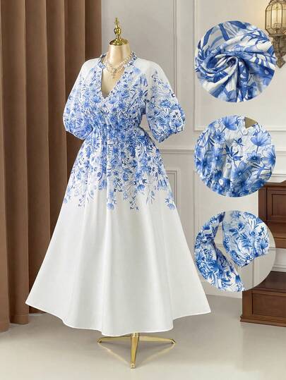 Rometta Elegant Women's Waist Cinched Ombre Ditsy Floral Dress