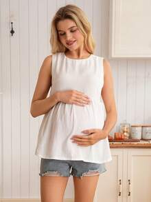 GentleRue Maternity 孕妇休闲宽松纯色侧开衩无袖衬衫 - 白色 - 查看 4