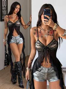 Coolane 女士夏季音乐节复古Y2K豹纹蕾丝弹力撞色黑色背心 - 黑色 - 查看 2