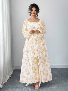 Elenzga Đầm thanh lịch tay phồng họa tiết hoa dành cho nữ cỡ lớn, xếp tầng, có bèo nhún. - Màu vàng - Xem 8