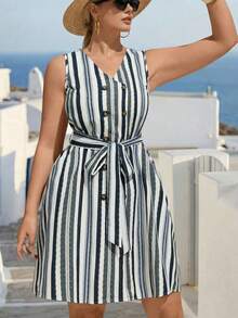 Linhara CURVE 女士V领条纹短袖休闲连衣裙，度假沙滩裙，春夏装，吊带裙，浪漫连衣裙，夜店裙 - 白色 - 查看 3