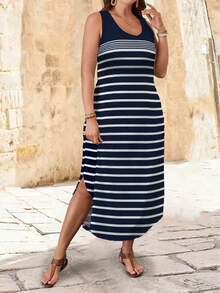 EMERY ROSE 大码休闲条纹无袖开衩下摆连衣裙，夏季超长女装 - 彩色 - 查看 3