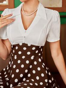 Vintamour 复古优雅女士连衣裙，黑白波点印花，V领衬衫式短袖拼接度假伞裙，春夏婚礼宾客夏季服装，女士长裙，毕业礼服，乡村音乐会服装，工作礼服，婚礼招待会礼服，吊带裙，长裙，连体衣，夏季女士连衣裙，夏季连衣裙，日常中长款女士连衣裙，优雅连衣裙，夏季服装，红色女士连衣裙，舞会礼服，复古女士服装，波点连衣裙，A字裙 - 棕色 - 查看 2