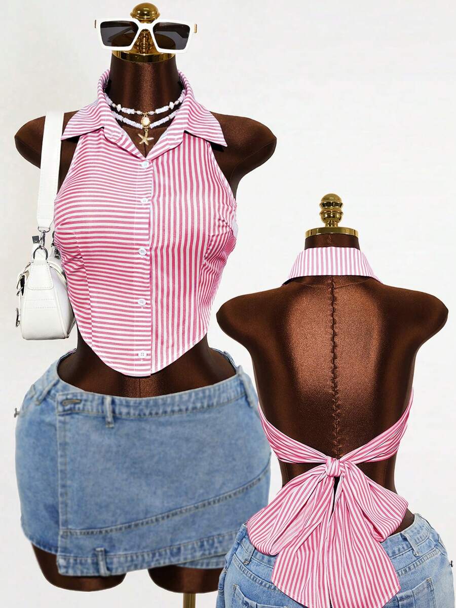 Mistrie Spring And Summer Back Tie Bow-Knot Casual Design Sense Shirt - Pink - View 1