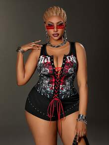 Maweii 女士性感印花镂空撞色系带吊带背心，适合日常、度假和派对穿着，大码尺码 - 黑色 - 查看 4