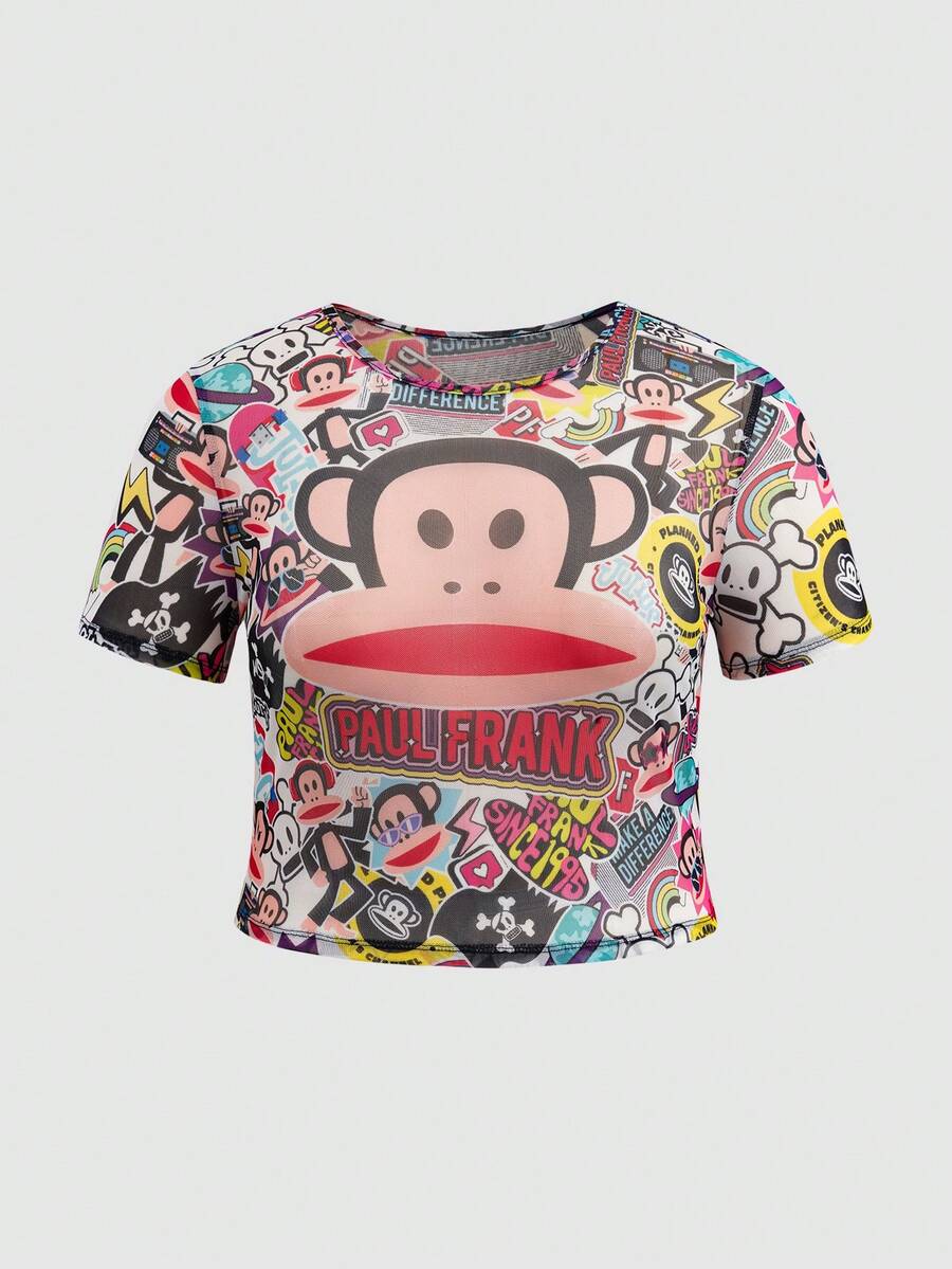 Paul Frank X SHEIN Plus Size Women's Cartoon Gorilla Print Short Sleeve Top, - Multicolor - View 1