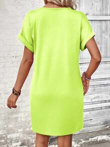 EMERY ROSE Women's Fluorescent Green Button Design Short Sleeve Casual Mini Dress - Green - View 2