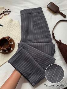 Elamini 女士低腰优雅条纹阔腿裤，适合夏季休闲校园风，条纹阔腿裤，褶皱阔腿裤，帕拉佐裤，女裤 - 深灰色 - 查看 3
