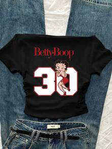 Betty Boop x SHEIN SHEIN Attitoon Women's Casual Waist Ruched Off-Shoulder Betty Collab Tight Fit Short Sleeve T-Shirt, Suitable For Summer, Chic, Y2K - Black - View 2