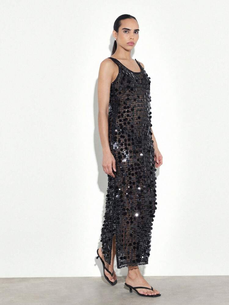 KSTM Women's Black Sequined Sleeveless Evening Maxi Dress With Scoop Neckline And Shimmering Embellishments For Formal Occasions Party Events