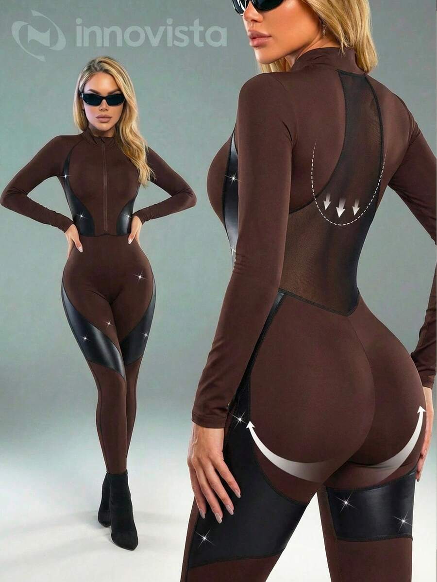 Innovista Mono de esquí con cremallera frontal, manga larga y empalme de piel sintética para mujer - Marrón - Ver 1
