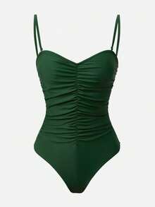 Swim Oasis Dark Green Summer Elegant Beach Holiday Women's Waist Gathered One-Piece Swimwear&Printed Cover-Up Dress Set, Casual Music Festival Party Outfits - Army Green - View 4