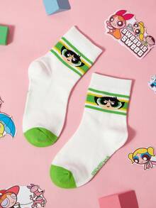 THE POWERPUFF GIRLS X SHEIN 3双装女童纯棉柔软透气吸湿儿童中筒袜，白色可爱卡通图案，加固趾跟，经久耐穿，四季皆宜，适合学校和户外活动，夏季冬季皆可穿着，花朵泡泡毛毛图案。 - 彩色 - 查看 9
