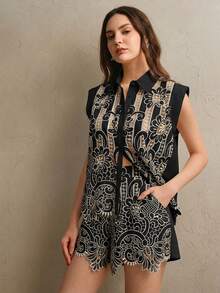 Anewsta Elegant Hollow Embroidery Sleeveless Top And Shorts Set, Low-Key Luxury Vintage Style - Black - View 4