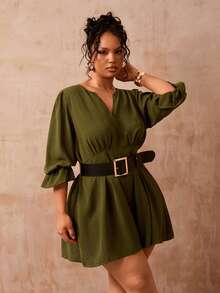Veslaya Plus Size Women Olive Green Autumn Jumpsuit,V-Neck Puff Sleeve Elastic Waist Woven Fabric Romper,Smart Casual Everyday Commute Elegant Business Outfit - Army Green - View 4