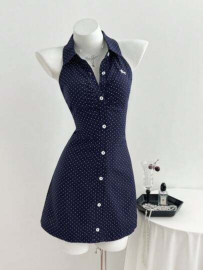 Elamini Đầm ngắn dáng chữ A không tay cổ sơ mi, thắt eo, in họa tiết chấm bi dành cho nữ, thích hợp cho mùa xuân/hè.