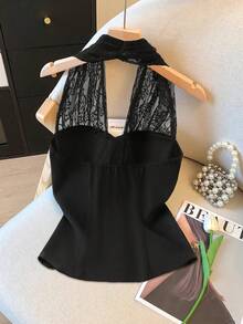 GlowEve 针织蕾丝露背纽扣前开衩下摆收腰上衣，优雅夏季沙滩女装，黑色 - 黑色 - 查看 2