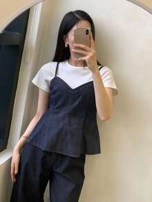 DAZY Áo sơ mi denim nữ dáng suông, cổ chữ V, dây mảnh, dáng xòe. - Màu xanh lam - Xem 2