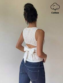 Aloruh 女士花卉刺绣图案后背系带设计时尚百搭休闲上衣 - 白色 - 查看 7