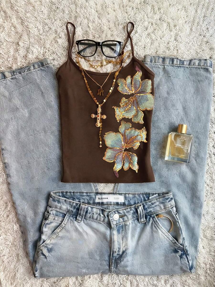 SHEIN 女士碎花图案修身休闲吊带背心 - 棕色 - 查看 1