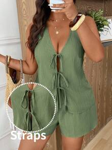 SHEIN Frenchy Bộ đồ 2 mảnh dành cho nữ cỡ lớn, màu trơn, kiểu áo yếm buộc dây phía trước và quần short. - màu xanh lá - Xem 3