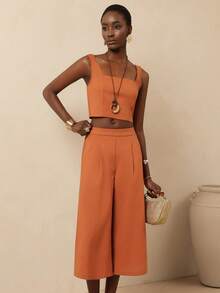 Vesra Bộ đồ nữ gồm áo crop top màu trơn và quần ống rộng, kiểu dáng thường ngày. - Rỉ Nâu - Xem 4