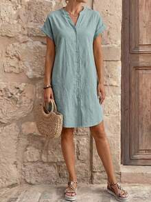 EMERY ROSE Solid Notched Button Front Batwing Sleeve Shirt Dress,Summer Dresses For Women - Green - View 5