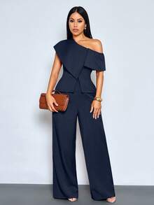 SOLERSUN 女士优雅复古商务休闲两件套，不对称领口收腰单排扣衬衫搭配阔腿口袋细节长裤，完美适用于度假和日常通勤。 - 藏蓝色 - 查看 6