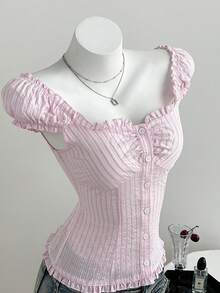 FavEase Camisa casual de rayas con volantes y ajustada para vacaciones para mujer, color rosa - Rosa - Ver 6