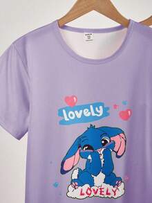 Girls'2-Piece Set Cute Purple Rabbit Print Nightgown,Navy Blue Allover Bunny Pattern Short Sleeve Long Sleep Dress,Summer Comfortable Home Wear - Purple - View 3