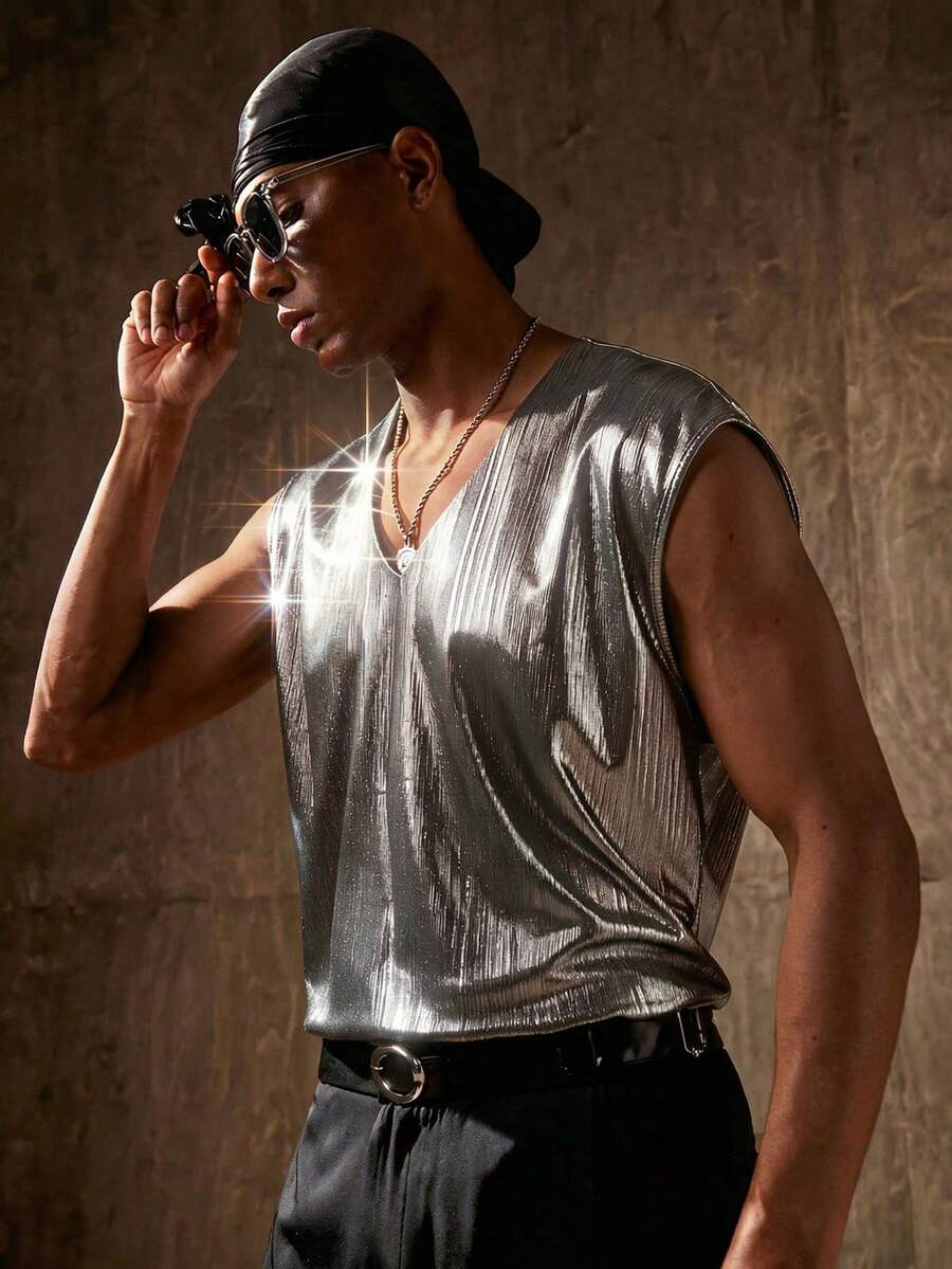 AKNOTIC Business Casual 男士休闲黑色纯色背心，宽松版型，适合春夏穿着，可用于通勤、健身、约会、聚会、日常穿着等场合，小众风格。