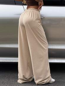 Muchica Brown Striped Knit Women's Drawstring Waist Sweatpants - Khaki - View 2