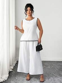 SHEIN Clasi Women's Plus Size White 2 Pieces Set, Summer Elegant Smart Casual Office Brunch Tie-Up Backless Sleeveless Top And Pocket Palazzo Pants Co Ord Sets - Black and White - View 6