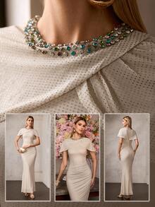 MOTF Soiréza ELEGANT ROUND NECK COLORFUL RHINESTONE DETAIL NECKLINE ASYMMETRIC CAPE-STYLE FLUTTER SLEEVES MAXI PARTY GOWN – ALL-OVER RHINESTONE FABRIC - Apricot - View 2
