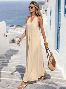 SHEIN Holidaya Women's Casual Backless Tie-Up Deep V-Neck High-Low Dress For Vacation - Beige - View 4