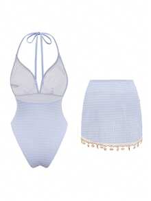 Swim Oasis-D 女士纯色三角比基尼上衣，配贝壳链肩带；连体泳衣，褶皱下摆，饰有随机贝壳链；分体泳衣，侧边抽绳，饰有随机贝壳链。 - 淡紫色 - 查看 5