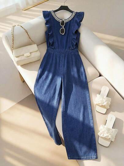 GlowEve Women's Round Neck Faux Pearl Decor Pleated Casual Everyday Denim Jumpsuit